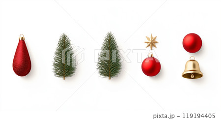 Christmas decoration with gold ornaments, bells and pine cones on green pine branches, isolated on white background Christmas decoration with gold ornaments, bells and pine cones on green pine branches, isolated on white background 119194405