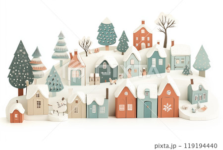 Miniature winter village with various houses, trees, and figurines on a white snowy background. Festive holiday decor Miniature winter village with various houses, trees, and figurines on a white snowy background. Festive holiday decor 119194440