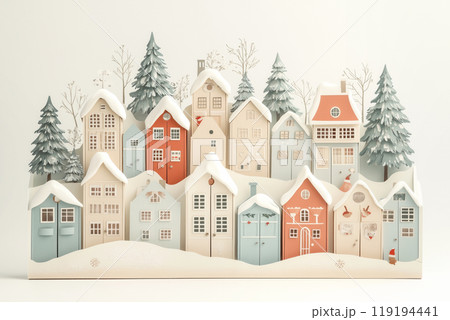 Miniature winter village with various houses, trees, and figurines on a white snowy background. Festive holiday decor 119194441