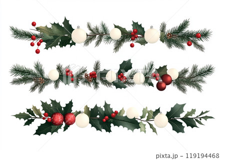 Red and white ornaments and pinecones on green branches, isolated on white background, festive Christmas spirit 119194468