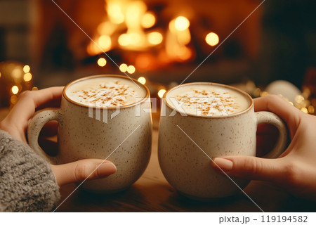 Close-up of hands holding a warm cup of coffee, cozy sweater, warm beige background. Concept of comfort and relaxation Close-up of hands holding a warm cup of coffee, cozy sweater, warm beige background. Concept of comfort and relaxation 119194582