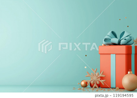 Red gifts with blue bows and golden ornaments on vibrant blue backdrop, creating a cheerful Christmas holiday atmosphere 119194595