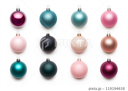 Collection of decorative Christmas ornaments in various styles and colors isolated on white background Collection of decorative Christmas ornaments in various styles and colors isolated on white background 119194638