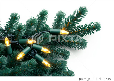 Christmas tree featuring garland lights isolated on white background, celebrating the festive season Christmas tree featuring garland lights isolated on white background, celebrating the festive season 119194639
