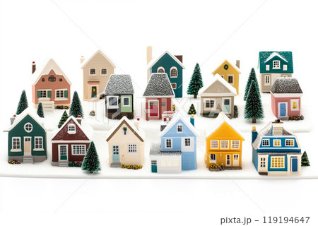 Miniature winter village with various houses, trees, and figurines on a white snowy background. Festive holiday decor 119194647