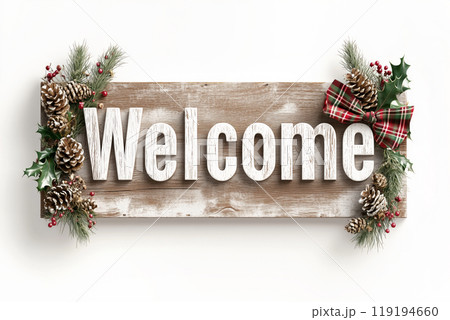 A festive wooden welcome sign adorned with pinecones, greenery, and a plaid ribbon for holiday cheer. 119194660