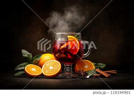 Steaming glass of mulled wine with orange slices and spices on dark background, showcasing cozy winter beverage concept 119194901