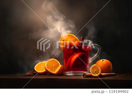 Steaming glass of mulled wine with orange slices and spices on dark background, showcasing cozy winter beverage concept 119194902