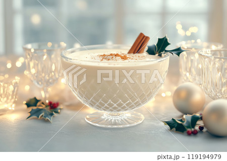 A close-up of eggnog garnished with cinnamon and holly, set on a soft background, evoking a festive Christmas atmosphere A close-up of eggnog garnished with cinnamon and holly, set on a soft background, evoking a festive Christmas atmosphere 119194979