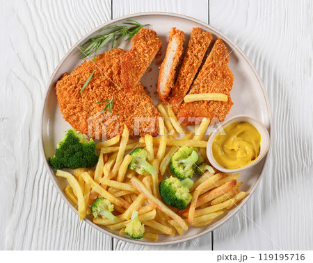 breaded pork cutlet with fries, broccoli on plate breaded pork cutlet with fries, broccoli on plate 119195716