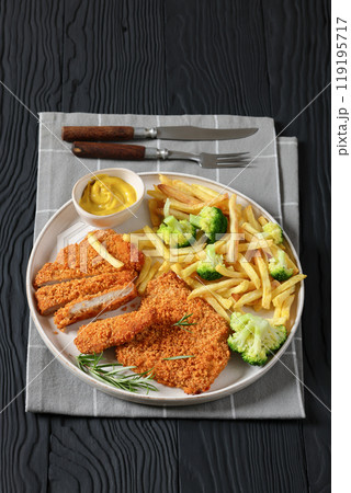 breaded pork cutlet with fries, broccoli on plate breaded pork cutlet with fries, broccoli on plate 119195717