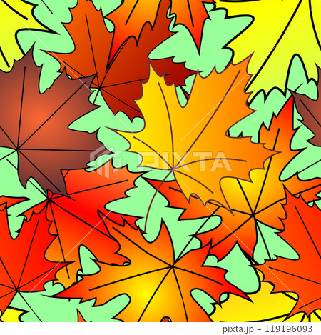 bright autumn seamless pattern of maple yellow and red leaves on a green background, texture, design 119196093