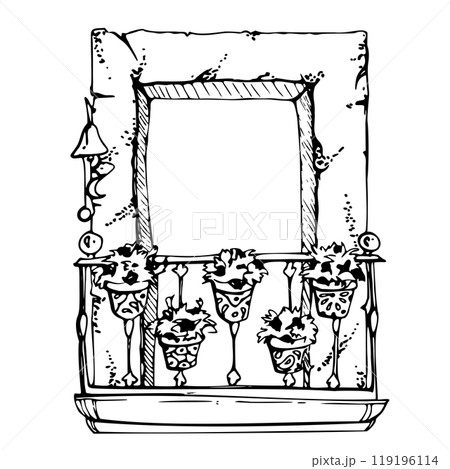 Mexican Mediterranean Moroccan window frame, iron cast rail, house plants architectural exterior. Hand drawn ink vector illustration. Single element isolated on white. Design travel, vacation brochure 119196114