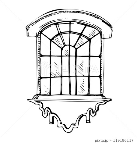 Mexican Mediterranean Moroccan arched glass window frame, architectural facade house exterior. Hand drawn ink vector illustration. Single element isolated on white. Design travel, vacation, brochure 119196117