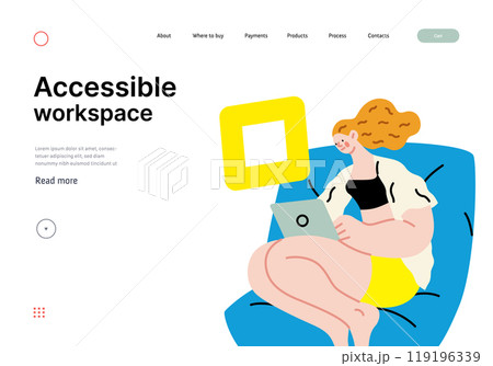 Creative workspace, modern flat vector concept illustration of a woman working sitting with a computer Remote work, flexibility, independence, efficiency, mobility, synergy, freedom 119196339