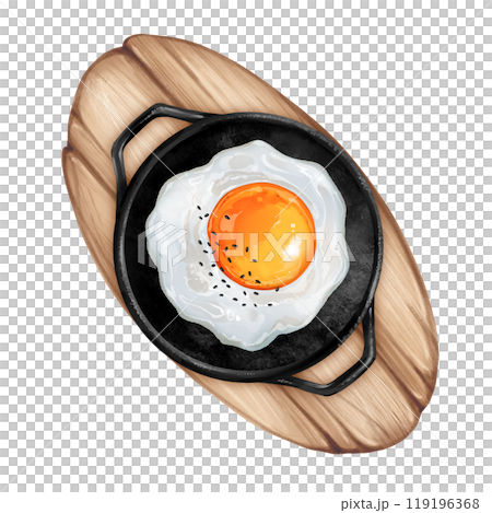 Sunny side up egg, cast iron pans top view, illustration on white background 119196368