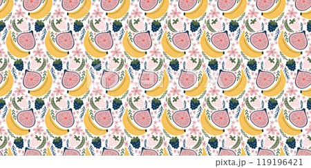 Cheerful seamless pattern with illustrations of bananas, figs, blackberries, white strawberries, pink flowers, and green leaves. Modern, organic vector style with flat colors and a playful, childlike Cheerful seamless pattern with illustrations of bananas, figs, blackberries, white strawberries, pink flowers, and green leaves. Modern, organic vector style with flat colors and a playful, childlike 119196421