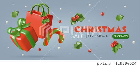 Christmas sale 3d vector banner design with red green shopping bag gift box candy and holly berry 119196624