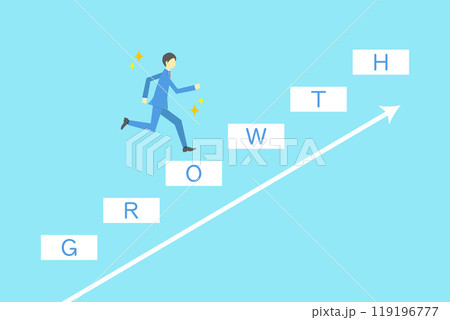 GROWTHの文字が書かれた階段を駆け上るビジネスマンのイラスト GROWTHの文字が書かれた階段を駆け上るビジネスマンのイラスト 119196777