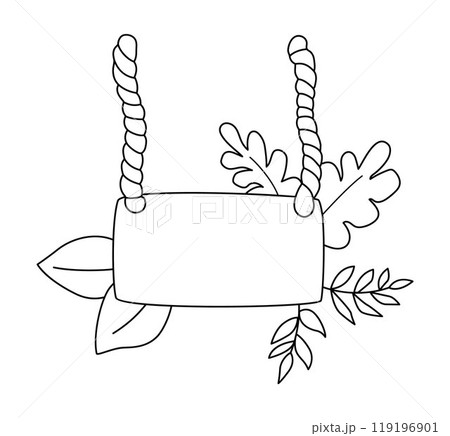 Vector black and white wooden signboard illustration, coloring page. Dinosaur land sign line icon with twigs, palm leafs, leana. Wood dino board hanging on ropes isolated on white background Vector black and white wooden signboard illustration, coloring page. Dinosaur land sign line icon with twigs, palm leafs, leana. Wood dino board hanging on ropes isolated on white background 119196901