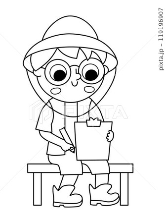 Vector black and white paleontologist icon. Archeologist boy in hat sitting and making notes on notepad. Historical dinosaur dig or excavations scientist, explorer line illustration or coloring page Vector black and white paleontologist icon. Archeologist boy in hat sitting and making notes on notepad. Historical dinosaur dig or excavations scientist, explorer line illustration or coloring page 119196907