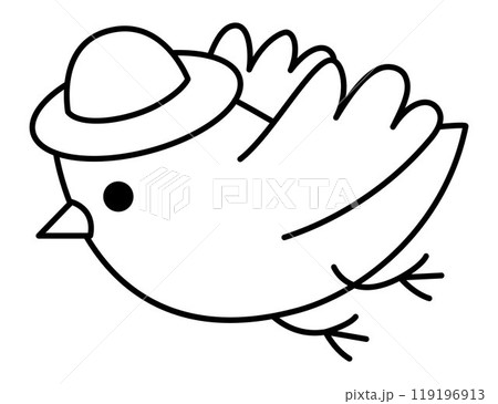 Vector black and white flying bird in hat icon. Cartoon archeologist animal clipart. Historical dinosaur dig or excavations scientist, explorer line illustration. Cute coloring page for kids 119196913