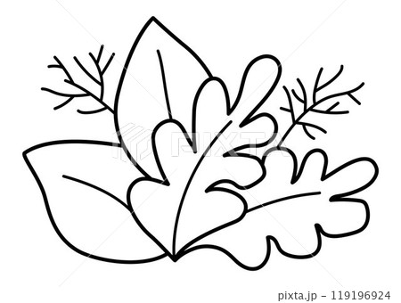 Black and white fern leaves icon. Forest or woodland plant clipart isolated on white background. Botanical foliage design element. Simple greenery branch line illustration for kids 119196924