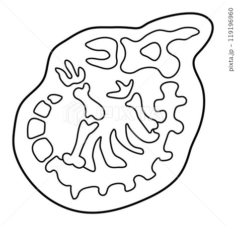 Vector black and white parasaurolophus bones icon. Cute dinosaur fossils line illustration for kids. Funny excavated dino clipart for children. Cartoon prehistoric animal coloring page 119196960