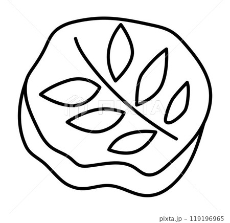 Vector black and white fossil icon. Cute plant stamp line illustration for kids. Funny excavated rock with ancient leaves clipart for children. Cartoon paleontology artifact coloring page 119196965