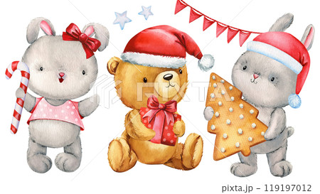 Christmas cute teddy bunny, holiday ornaments and winter elements isolated on white background, watercolor hand-painted Christmas cute teddy bunny, holiday ornaments and winter elements isolated on white background, watercolor hand-painted 119197012