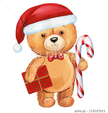 Christmas Teddy bear. Festive Teddy bear in Santa hat with gift and lollipop. Watercolor cute toy isolated background 119197023