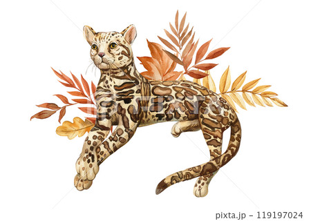 Ocelot. Watercolor wild cat with fall foliage. Autumn inspired exotic animal illustrations art lovers, wildlife isolated 119197024