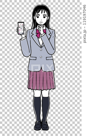 穿著西裝外套、拿著智慧型手機看起來若有所思的女高中生（簡單） 119197046