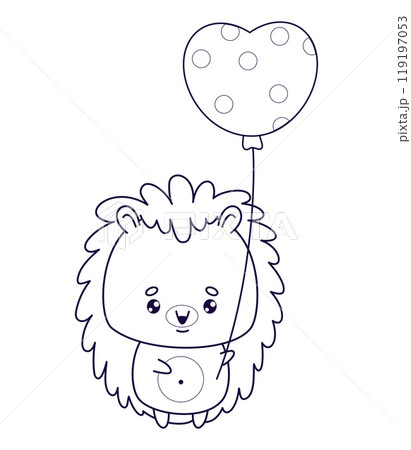 Cute hedgehog with balloon. Cartoon outline character. Funny kawaii animal. Line drawing, coloring book. Vector illustration. Kids collection. 119197053