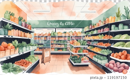 購物場景超市水彩插畫 購物場景超市水彩插畫 119197150