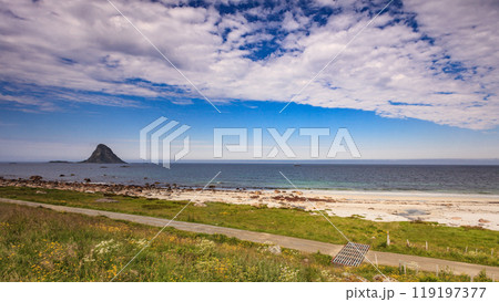 Sea coast sandy beach in resort Bleik Andoya Norway Sea coast sandy beach in resort Bleik Andoya Norway 119197377