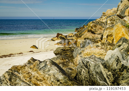 Seascape with stone breakwater Seascape with stone breakwater 119197453