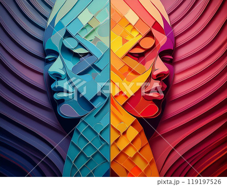 Human face profile demonstrating cognitive psychology or psychotherapy concept, mental health, brain problem, and bipolar personality disorder 119197526