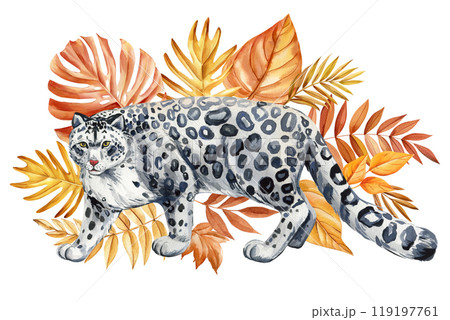 Autumn wild watercolor exotic cat with detailed autumn leaves: hand-painted animal art for fall decor. Snow leopard Autumn wild watercolor exotic cat with detailed autumn leaves: hand-painted animal art for fall decor. Snow leopard 119197761