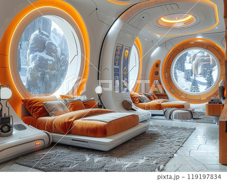 A VR mockup of a futuristic smart home. 119197834