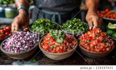A person making fresh salsa with traditional tools. 119197835