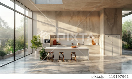 A VR mockup of a minimalist and modern kitchen. 119197961