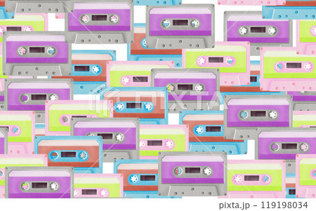 Seamless pattern from cassette for portable 80's,90's style retro player in bright acid colors.Watercolor illustration isolated on white in realistic style for websites,fabric or theme party 119198034