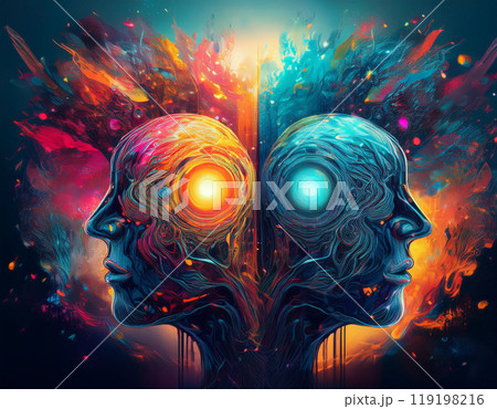 Human face profile demonstrating cognitive psychology or psychotherapy concept, mental health, brain problem, and bipolar personality disorder 119198216