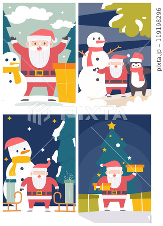 Set of merry christmas and happy new year postcard, greeting card or invitation card . Flat santa claus cartoon character design . Set 4 of 4 . Vector . Set of merry christmas and happy new year postcard, greeting card or invitation card . Flat santa claus cartoon character design . Set 4 of 4 . Vector . 119198296