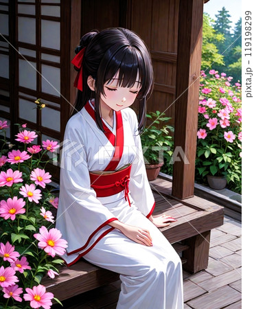 コスモス咲く古民家の縁側に座りうたた寝する着物の女性 コスモス咲く古民家の縁側に座りうたた寝する着物の女性 119198299