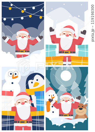 Set of merry christmas and happy new year postcard, greeting card or invitation card . Flat santa claus cartoon character design . Set 1 of 4 . Vector . Set of merry christmas and happy new year postcard, greeting card or invitation card . Flat santa claus cartoon character design . Set 1 of 4 . Vector . 119198300