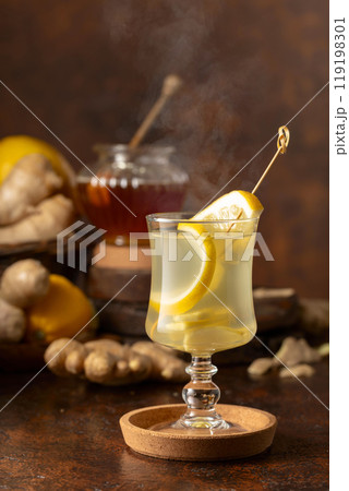 Ginger tea with lemon and honey. Ginger tea with lemon and honey. 119198301