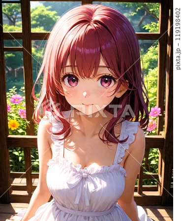 コスモス咲く庭のベンチに座る女性 コスモス咲く庭のベンチに座る女性 119198402