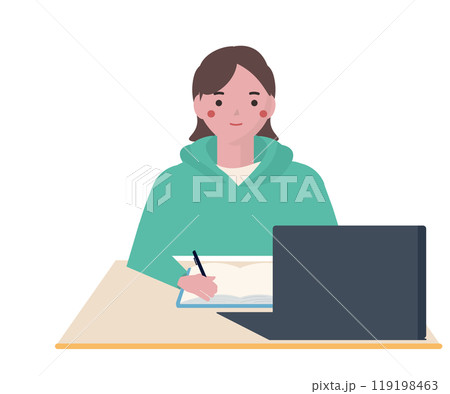 オンライン授業を受ける女性。ベクターイラスト	 119198463